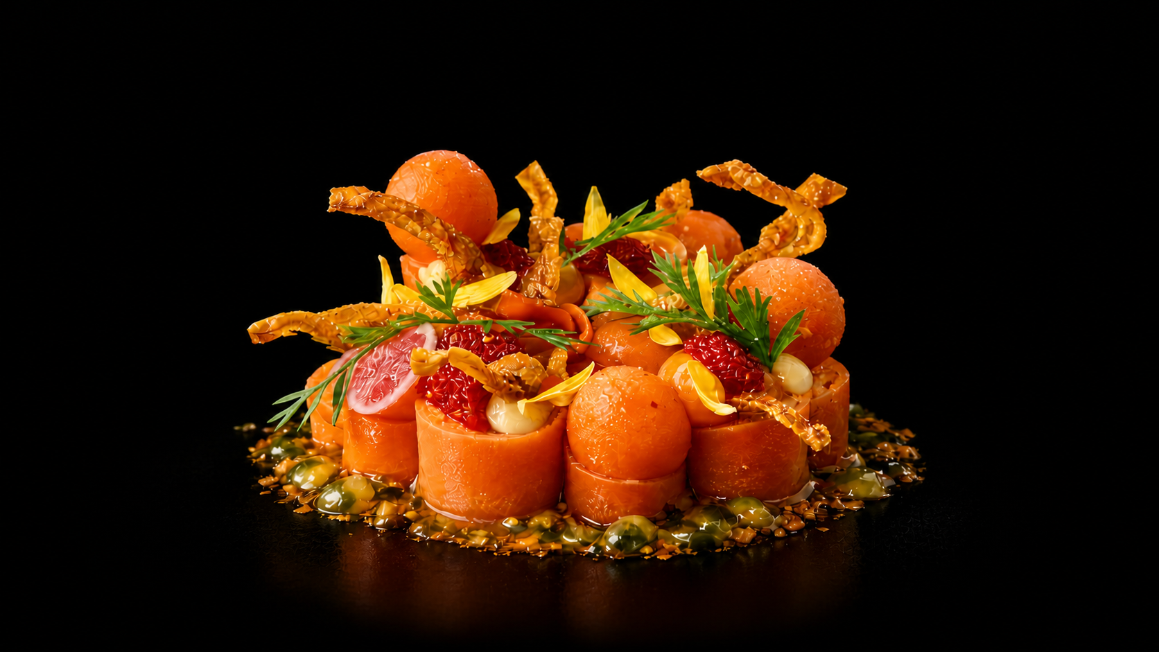 Un plat de présentation gastronomique avec des éléments orange, des feuilles vertes, des tomates et des sauces enroulées, sur un fond noir.