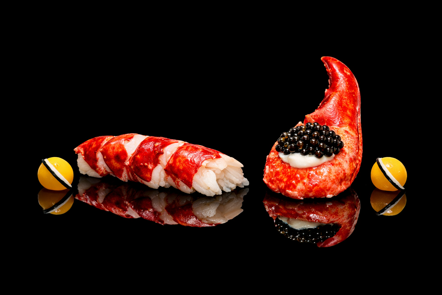 Présentations de sushi et de crustacé, accompagnées de petites boules jaunes décoratives sur un fond noir.