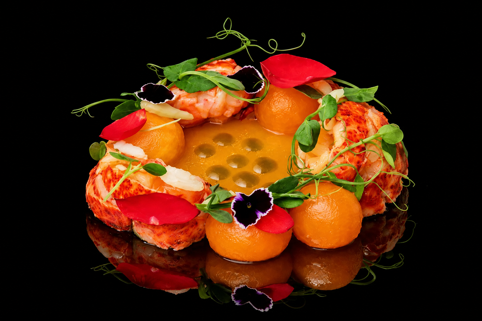Présentation élégante d'un pâté en croûte orné de légumes verts, fleurs violettes et pétales rouges, avec une garniture de boulettes de poisson ou de crustacés, décorée pour un plat gastronomique.