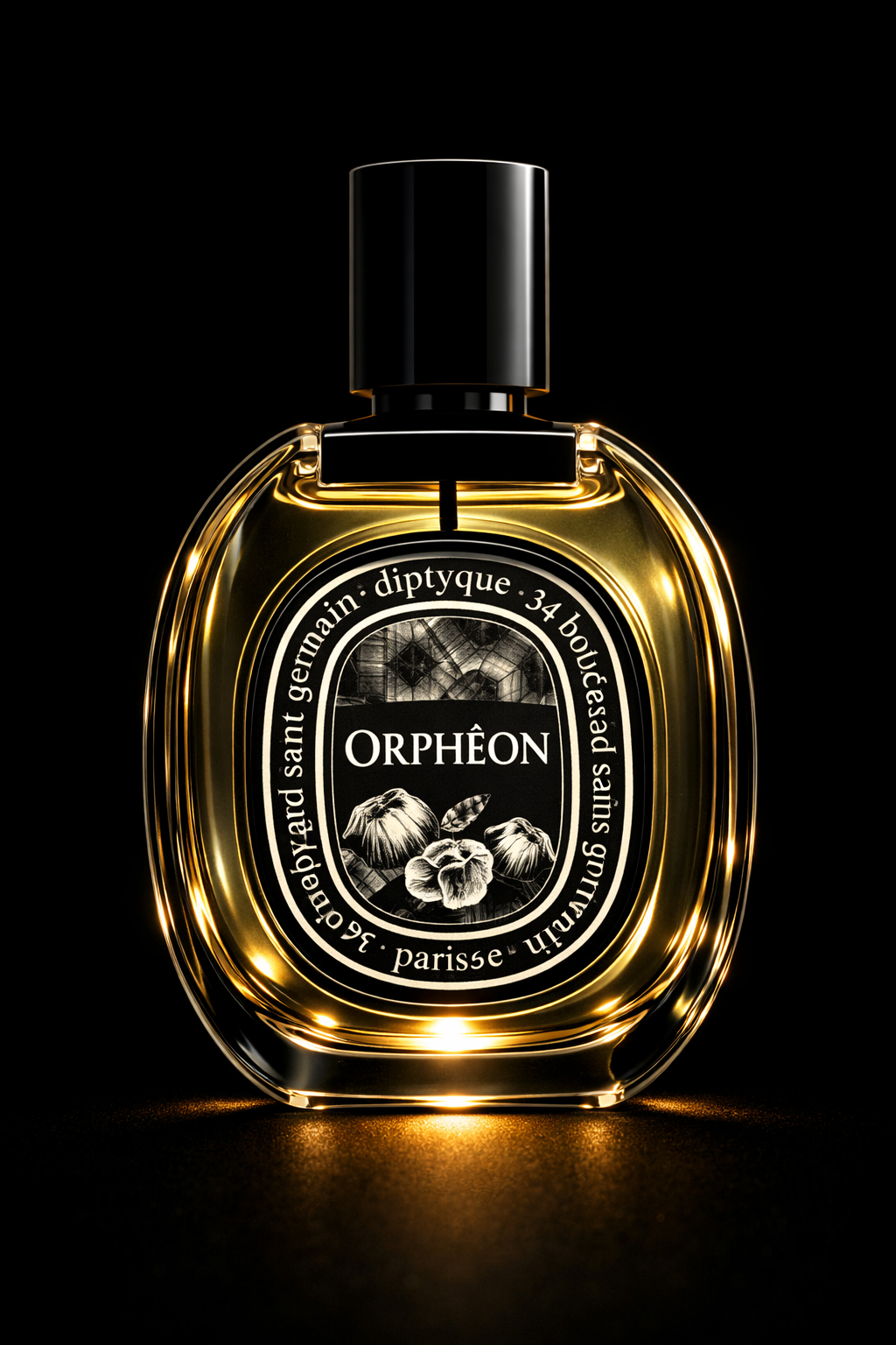Une bouteille de parfum noir et doré de la marque Orphéon, avec une étiquette noire et blanche montrant une illustration de fruits et le nom Orphéon, sur un fond noir.