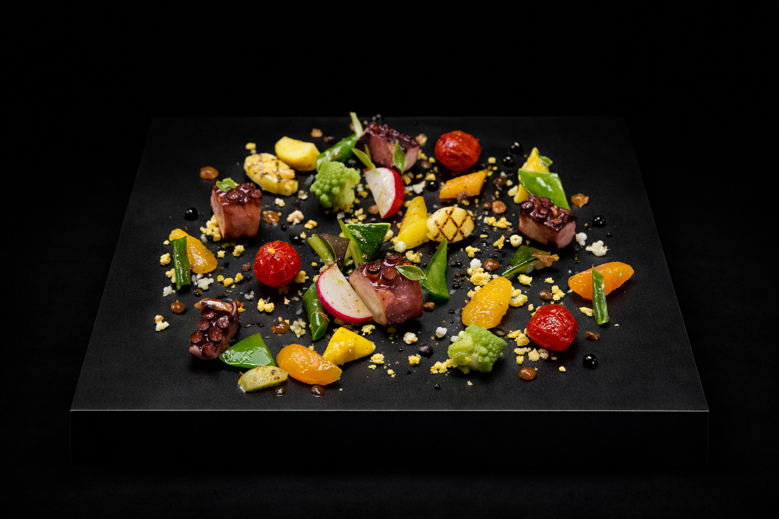 Assiette de nourriture avec divers légumes, petits morceaux de viande, et garnitures colorées sur un fond noir.
