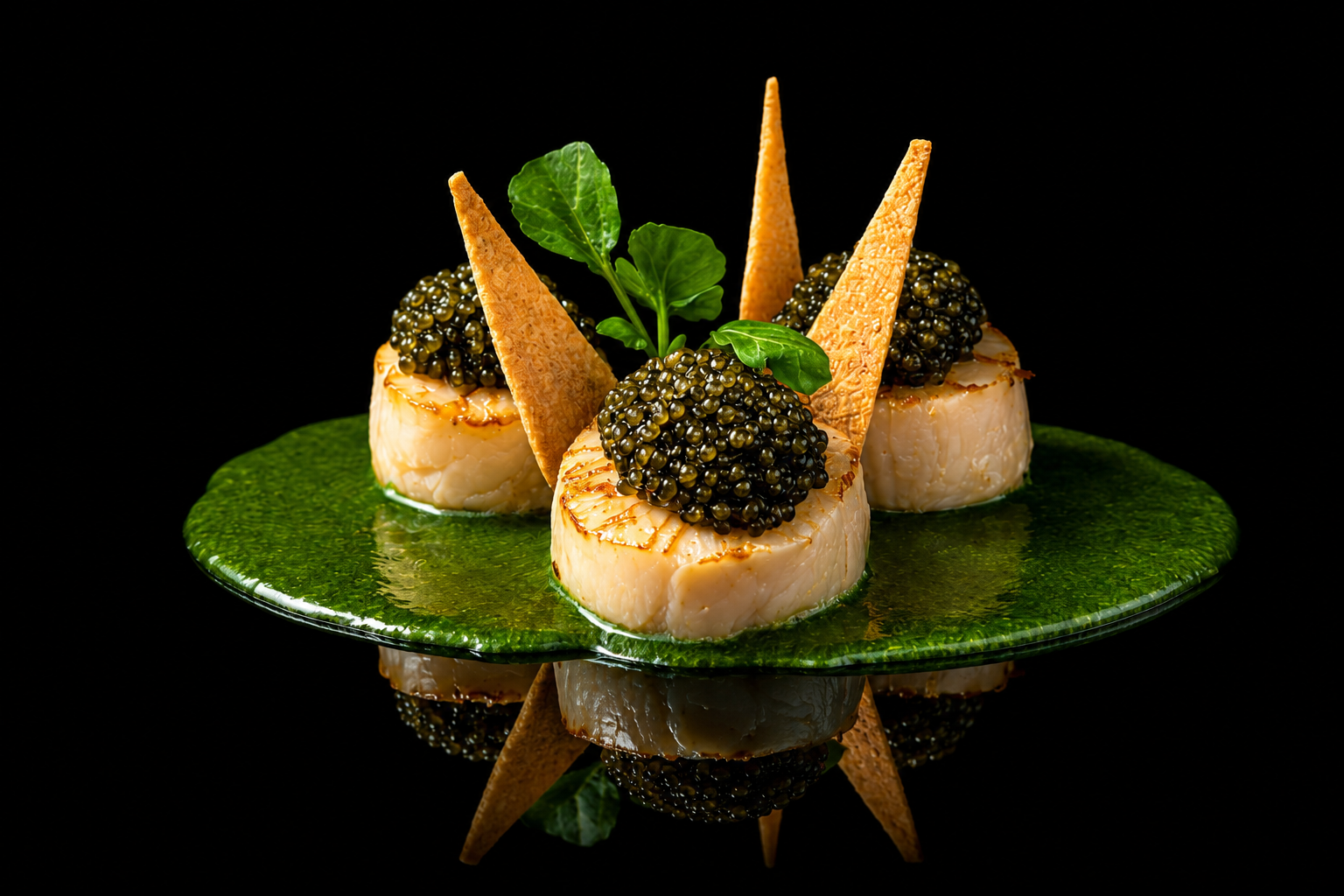 Plate de fruits de mer avec coeurs de crabes ou de homard, caviar noir, feuilles de basilic, et biscuits croustillants sur une assiette verte, avec une reflection sur une surface noire.