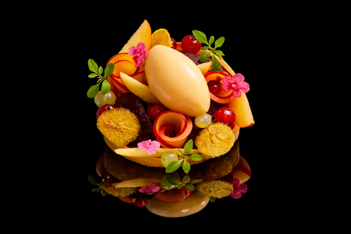 Assiette de fruits et dessert avec morceaux de fruits, fleurs, et une boule de glace, sur fond noir.