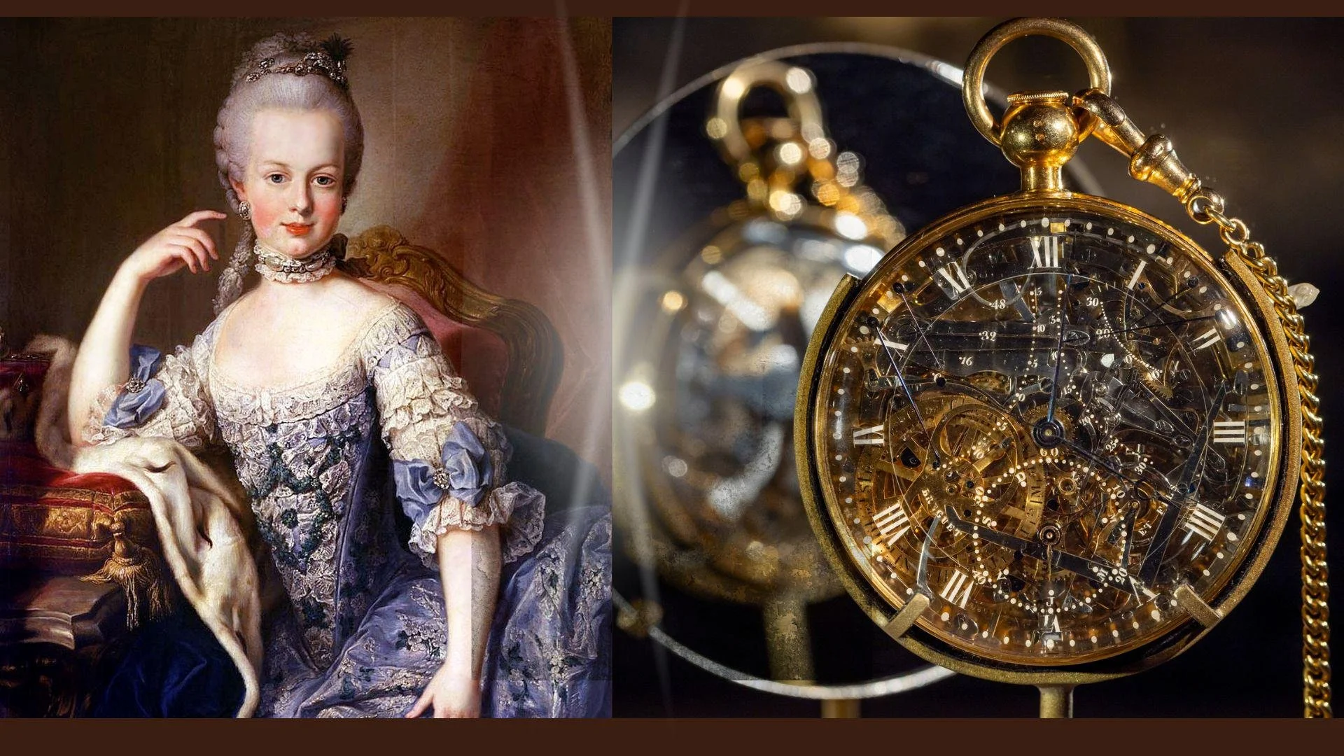 Portrait d'une femme en vêtements du XVIIIe siècle à gauche, et une montre à gousset en or sophistiquée à droite.