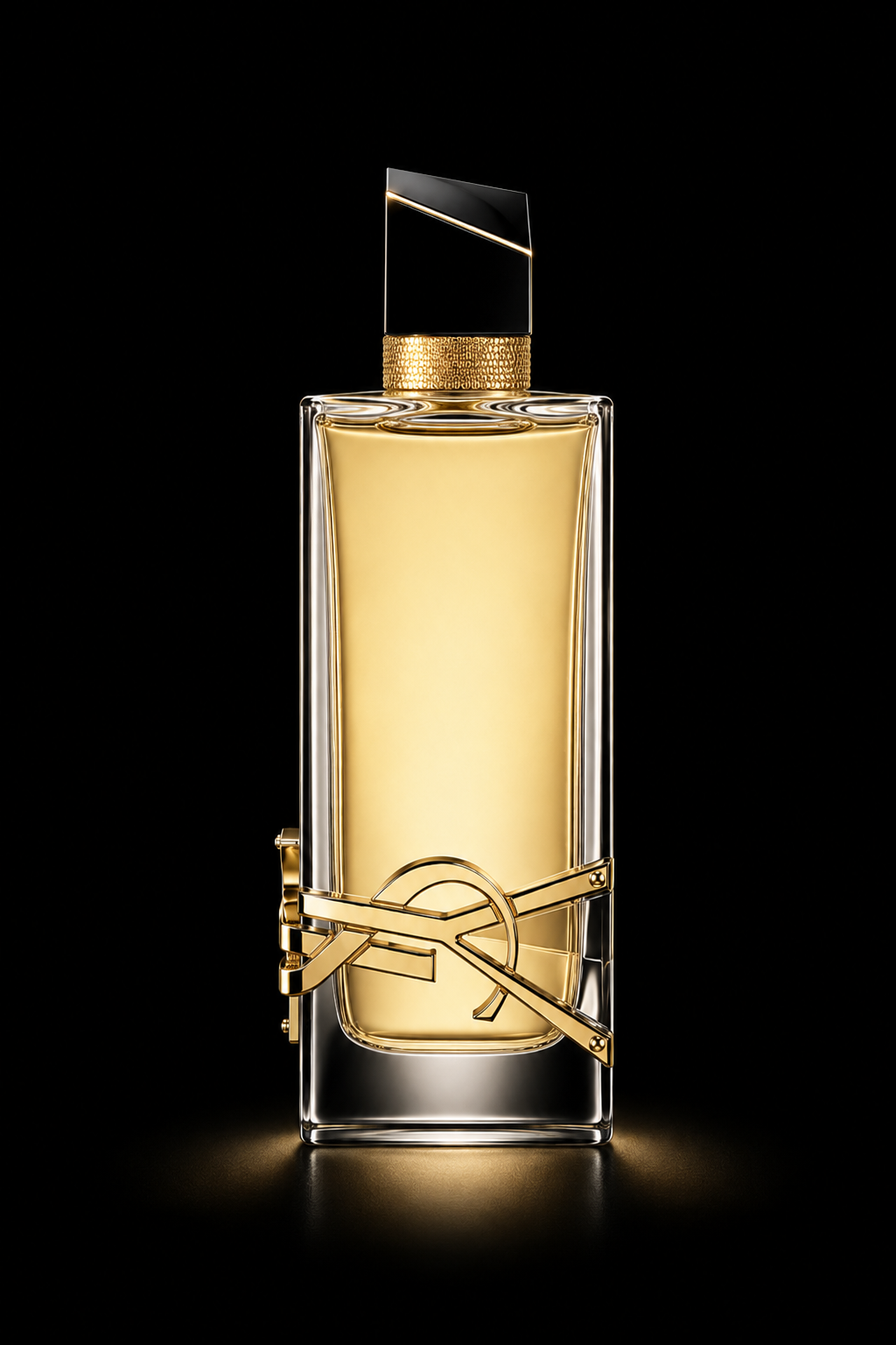 Une bouteille de parfum élégante avec un design moderne, contenant une fragrance dorée, sur un fond noir.