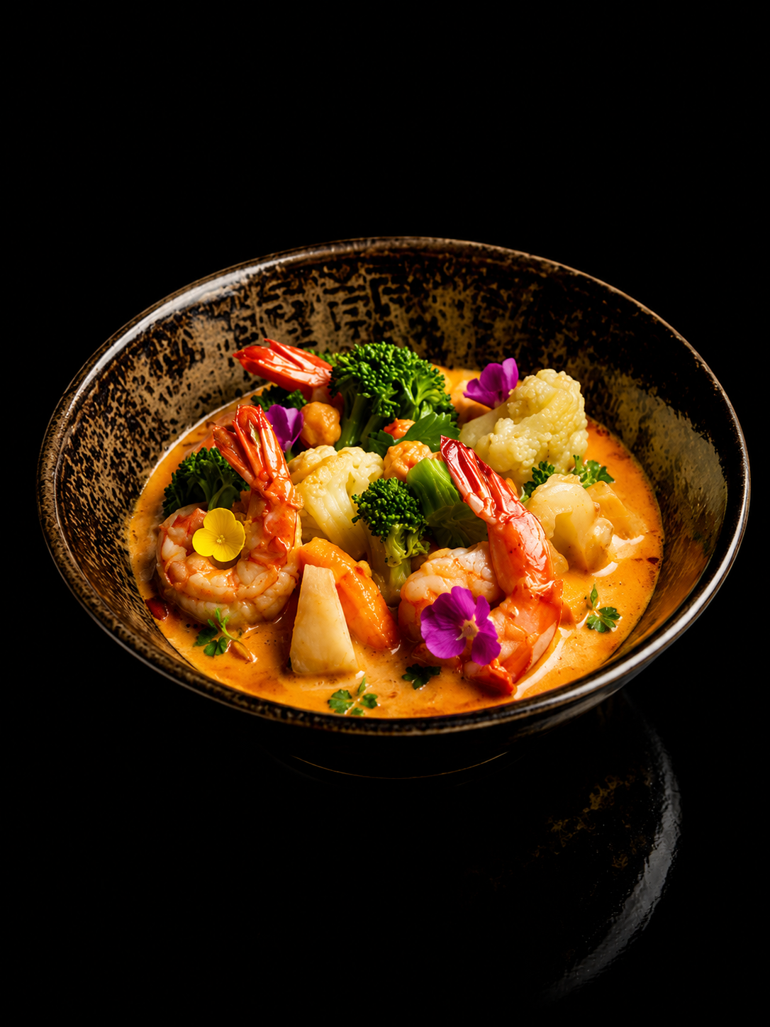 Bol de crevettes et légumes avec fleurs comestibles et sauce ornée d'herbes.