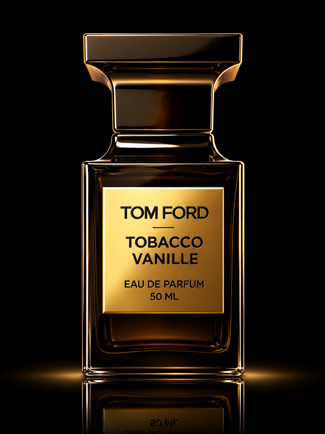 Flacon de parfum noir et or de Tom Ford, intitulé 'Tobacco Vanille', contenant 50 ml, présenté sur fond noir.