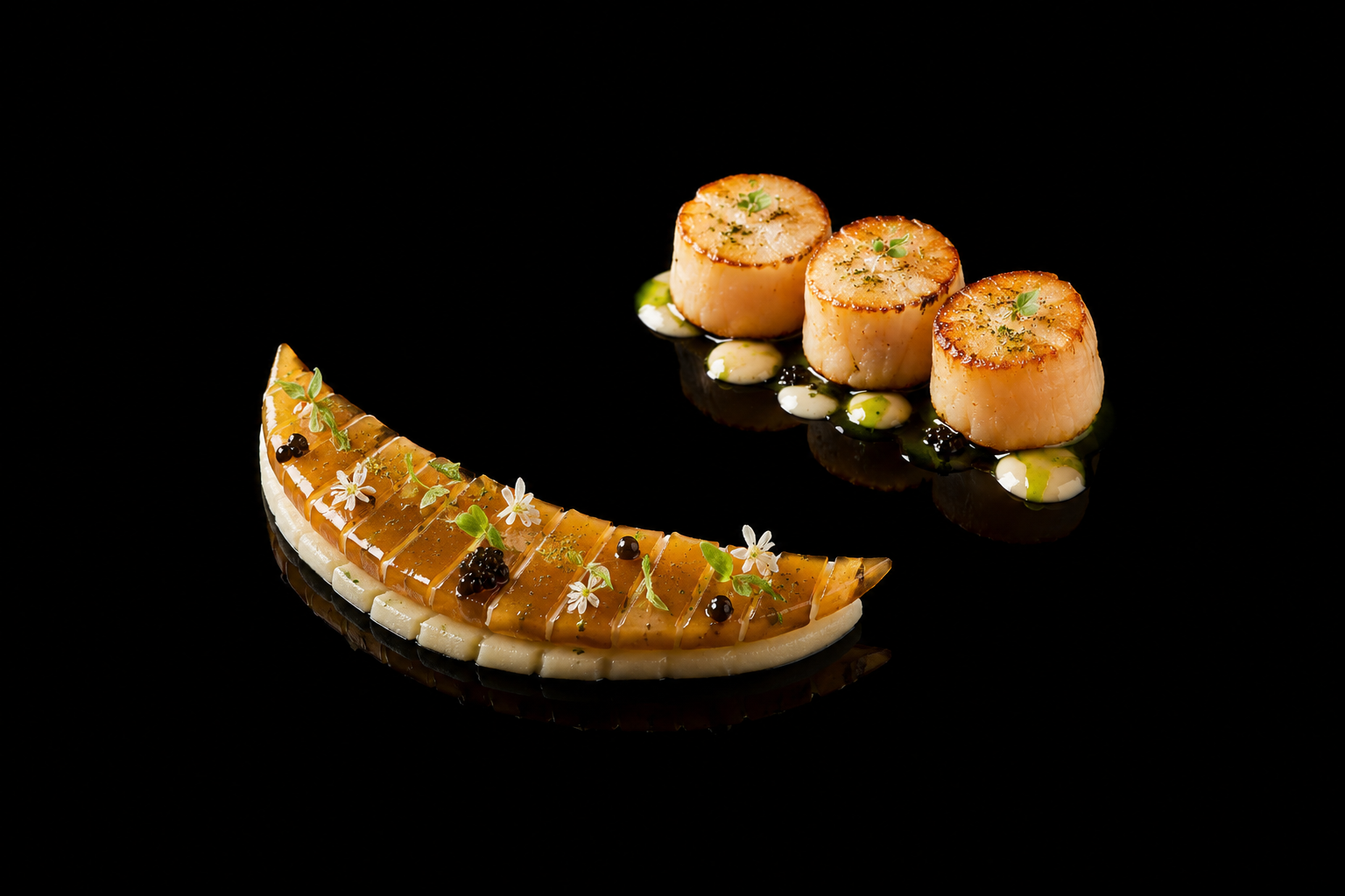Assiette sophistiquée avec des coquilles Saint-Jacques grillées et une tranche de saumon fumé décorée de petite fleurs, herbes et perles de sauce.