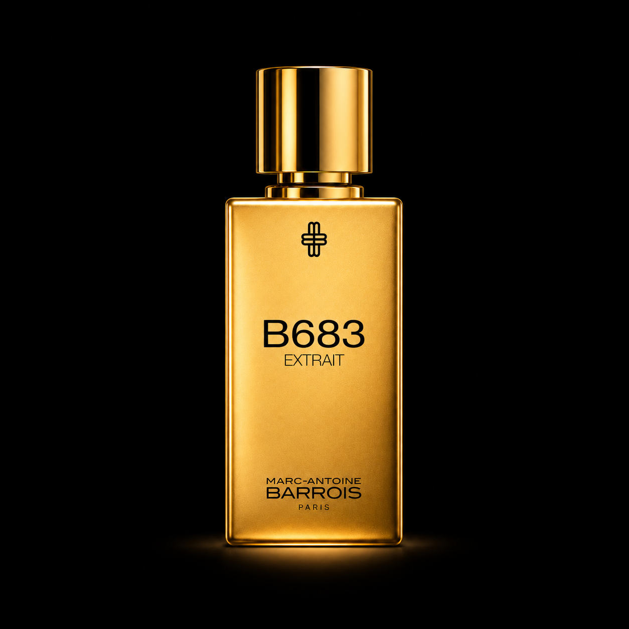 Flacon de parfum doré de Marc-Antoine Barrois avec étiquette B683 extrait, sur fond noir