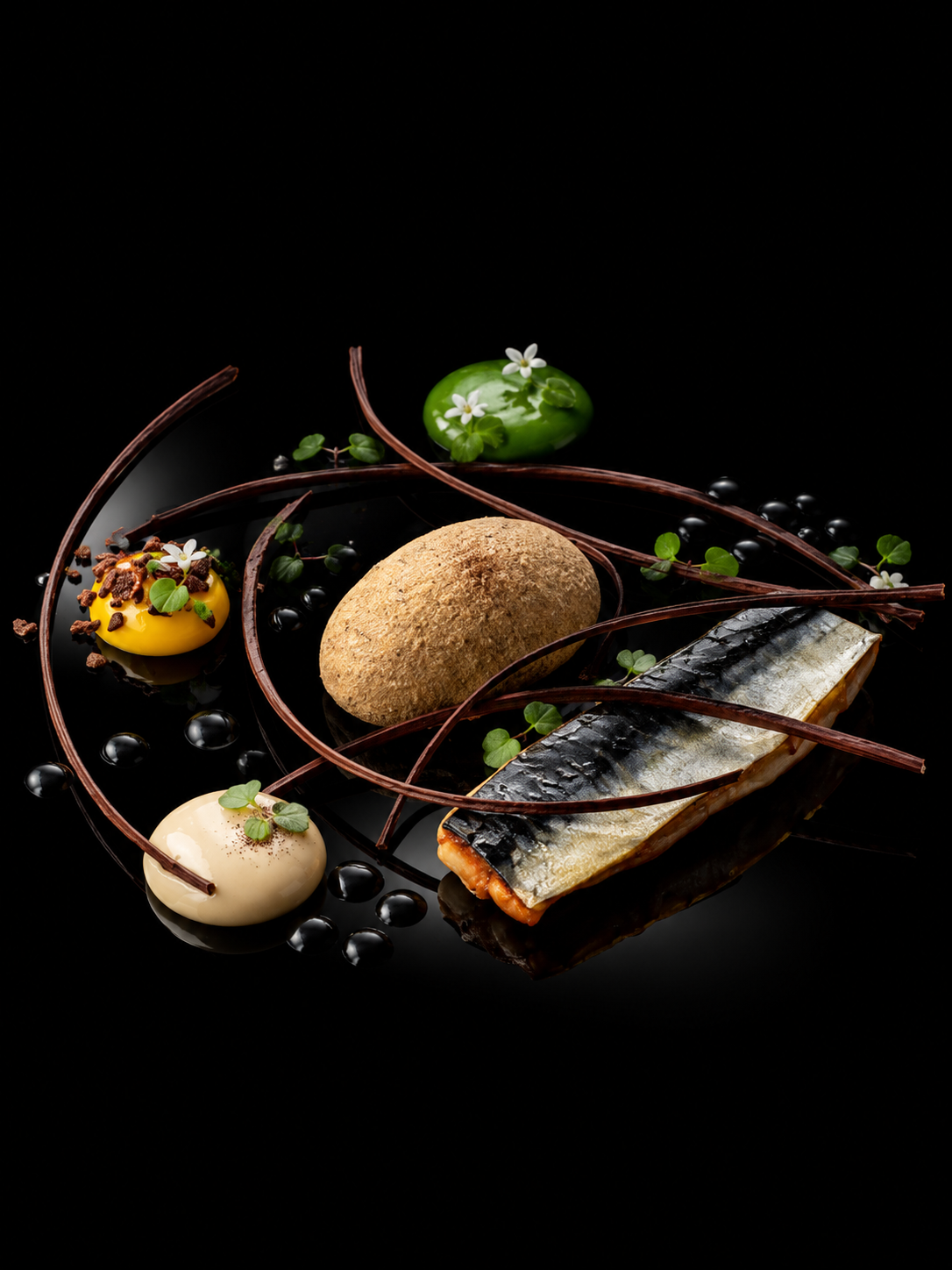 Assiette gastronomique avec un morceau de poisson, œufs de différentes couleurs, herbes, et décorations en chocolat.