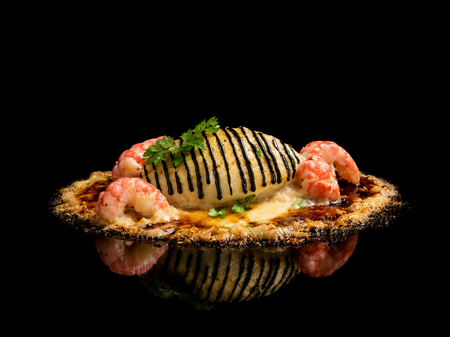 Plat de cuisine avec une cuisse de poulet sauce, crevettes roses, garniture de persil et sauce au chocolat, présenté sur une surface noire.
