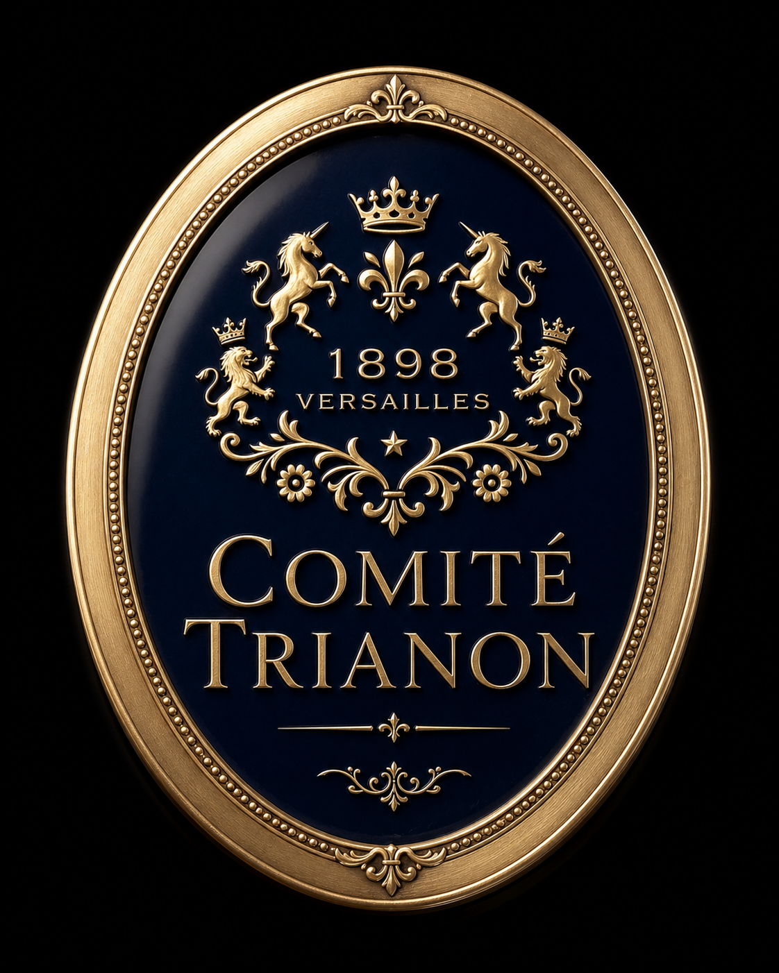 Plaque ovale dorée avec inscription en français, date 1898,  logo avec lions, fleurs et couronne, fond bleu foncé, mention 'Comité Trianon'