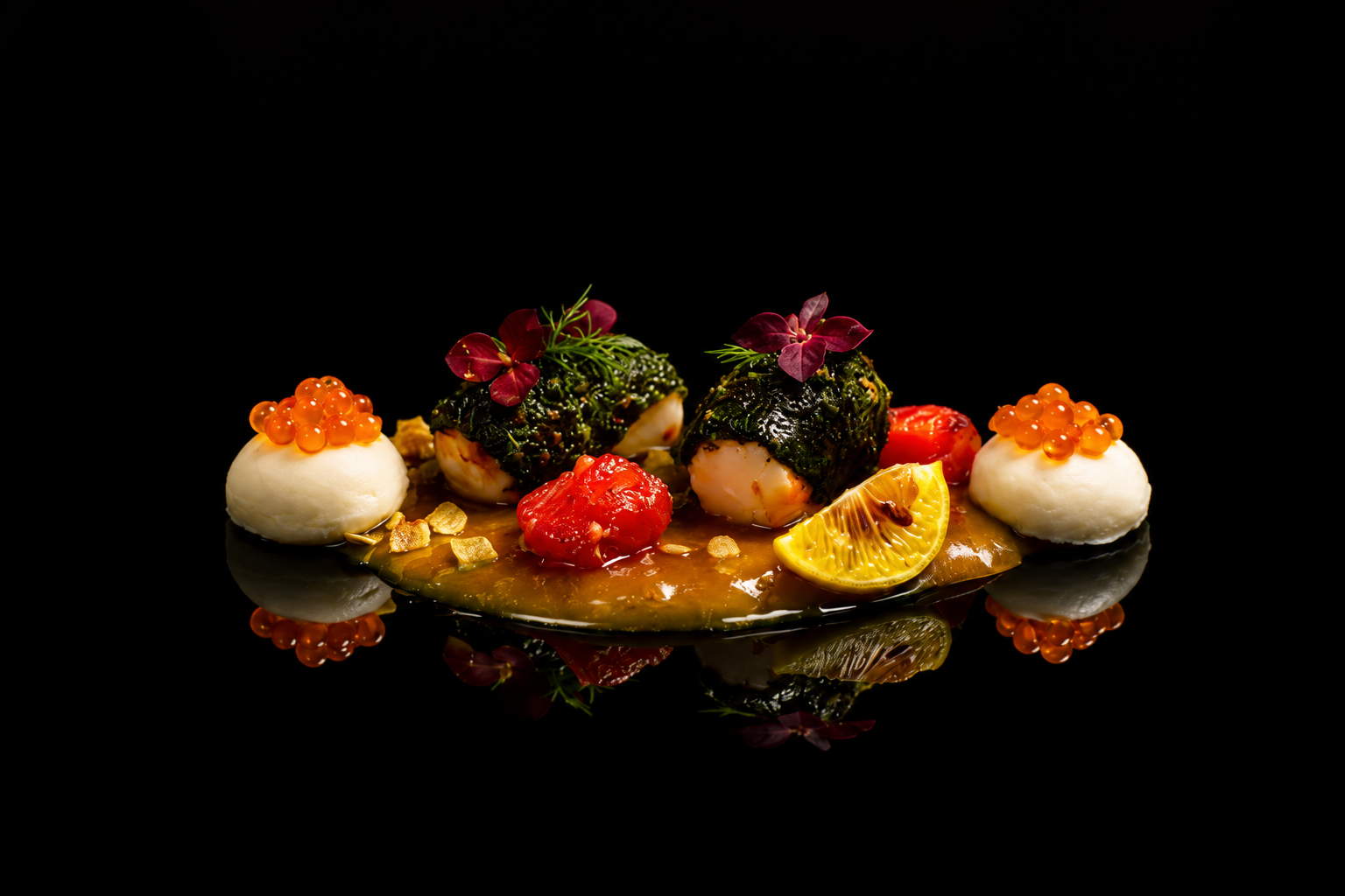 Plat gastronomique avec deux fruits de mer enrobés d'algues, accompagnés de quenelles de fromage garnies de caviar d'orange, d'une tranche de citron, de tomates, et décoré de petites feuilles vertes et d'or fin, sur une surface noire reflective.