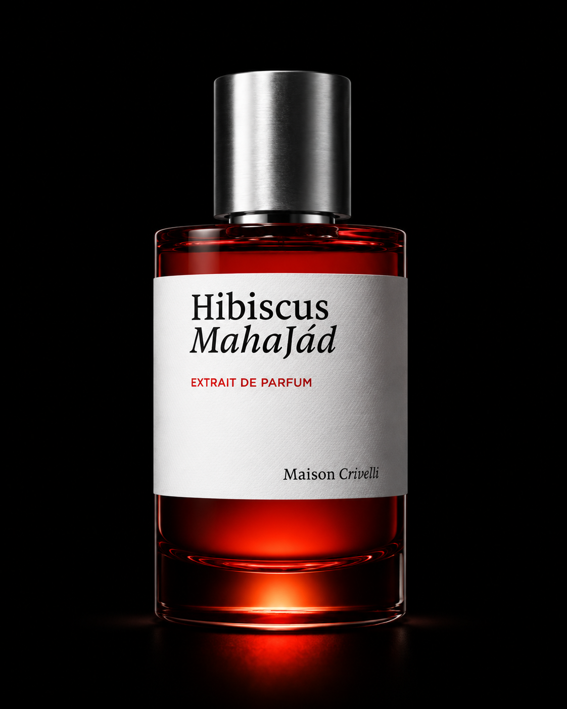 Une bouteille de parfum rouge avec un bouchon argenté et une étiquette blanche indiquant 'Hibiscus Mahajád, Extrait de parfum, Maison Crivelli', sur fond noir.