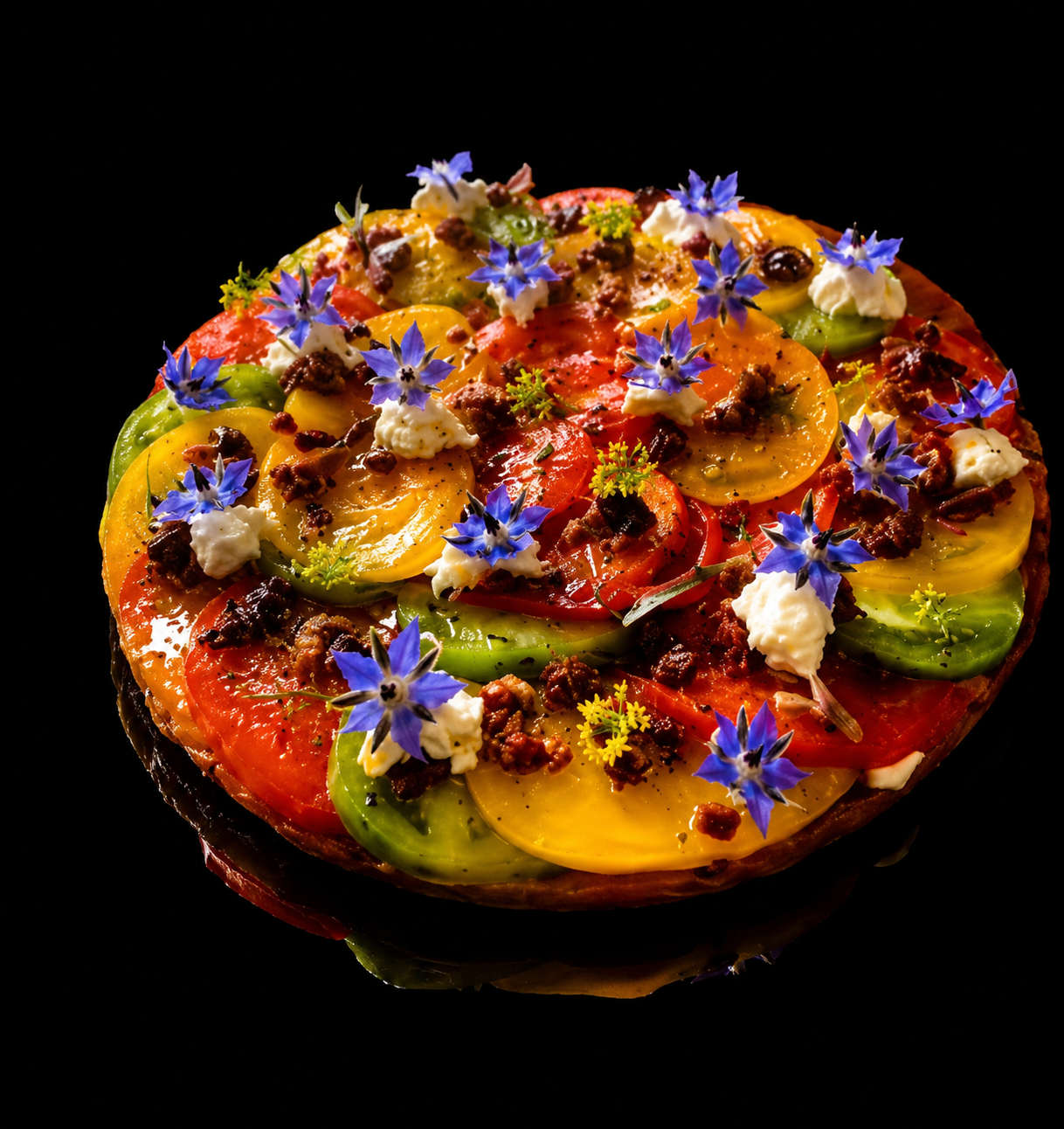 Tarte aux tomates avec des fleurs bleues en décoration