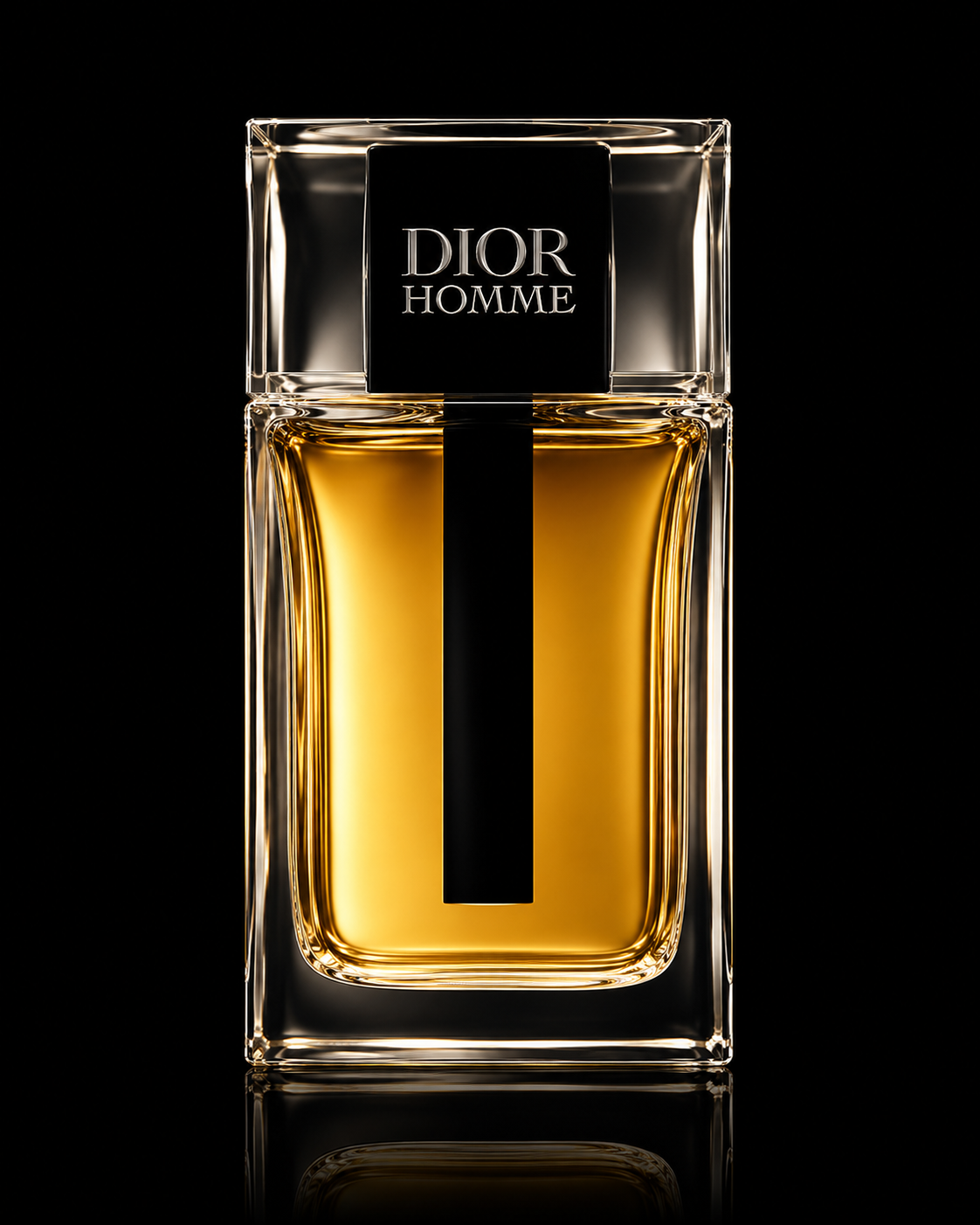 Parfum Dior Homme dans un flacon en verre rectangulaire avec liquide doré, fond noir.