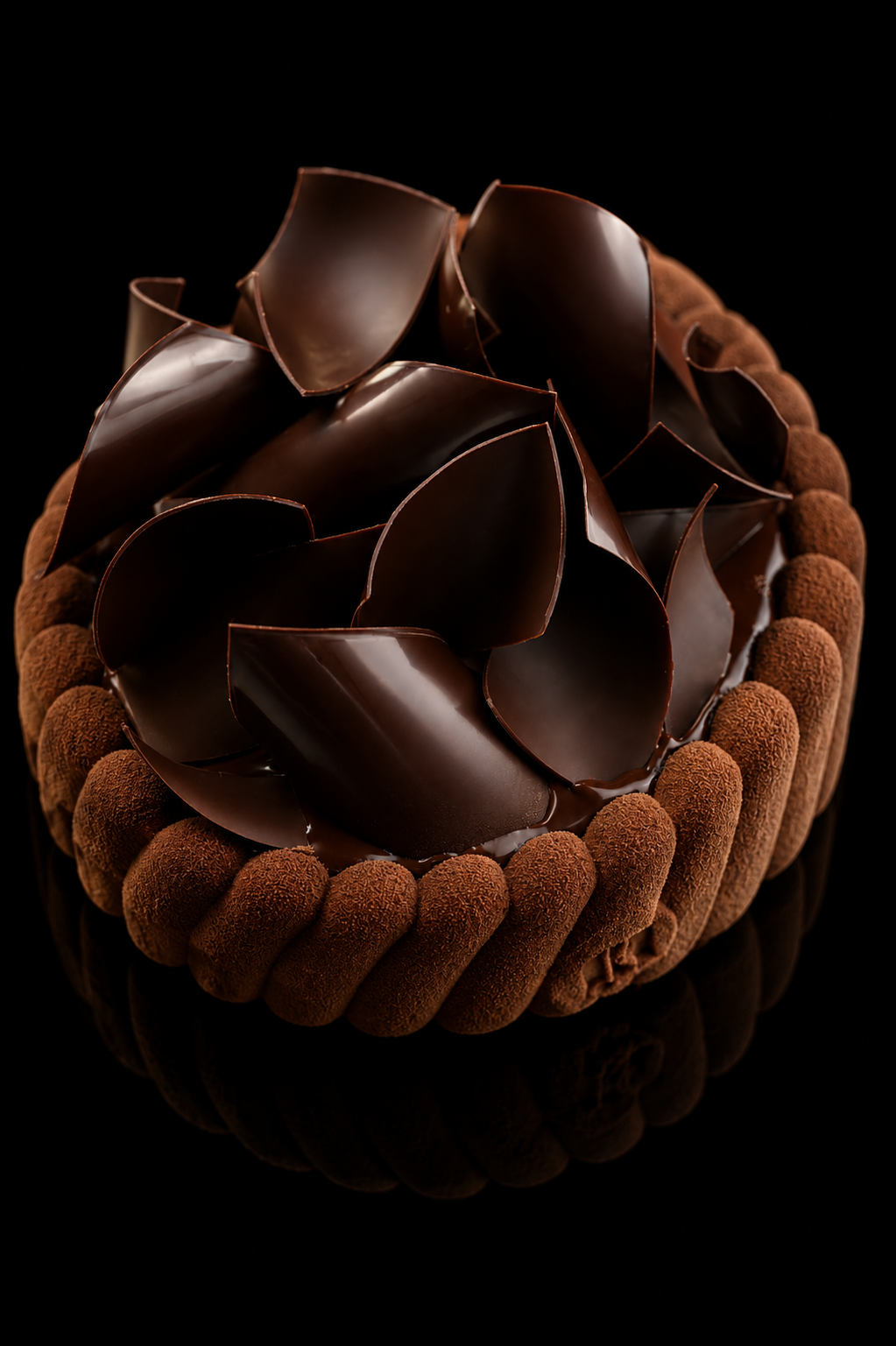 Gâteau au chocolat décoré de généreuses morceaux de chocolat noir et de biscuits enrobés de cacao.