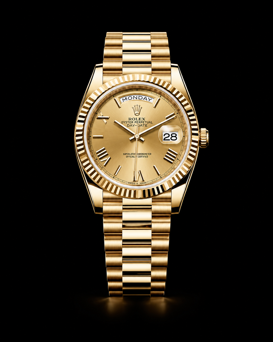 Montre Rolex en or avec cadran doré, affichant le jour, la date et l'heure, contre un fond noir.