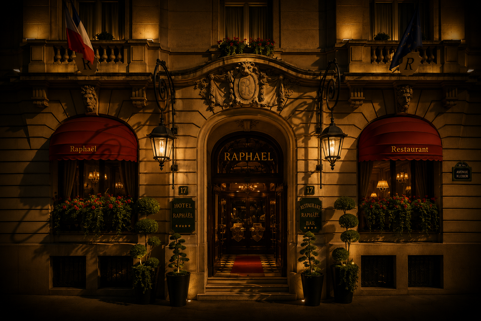Façade d'un hôtel restaurant élégamment éclairée la nuit, avec deux lampadaires, deux fenêtres ornées de plantes en pot et une porte d'entrée centrale. Le nom 'RAPHAEL' est visible au-dessus de la porte, et des drapeaux ornent la façade.