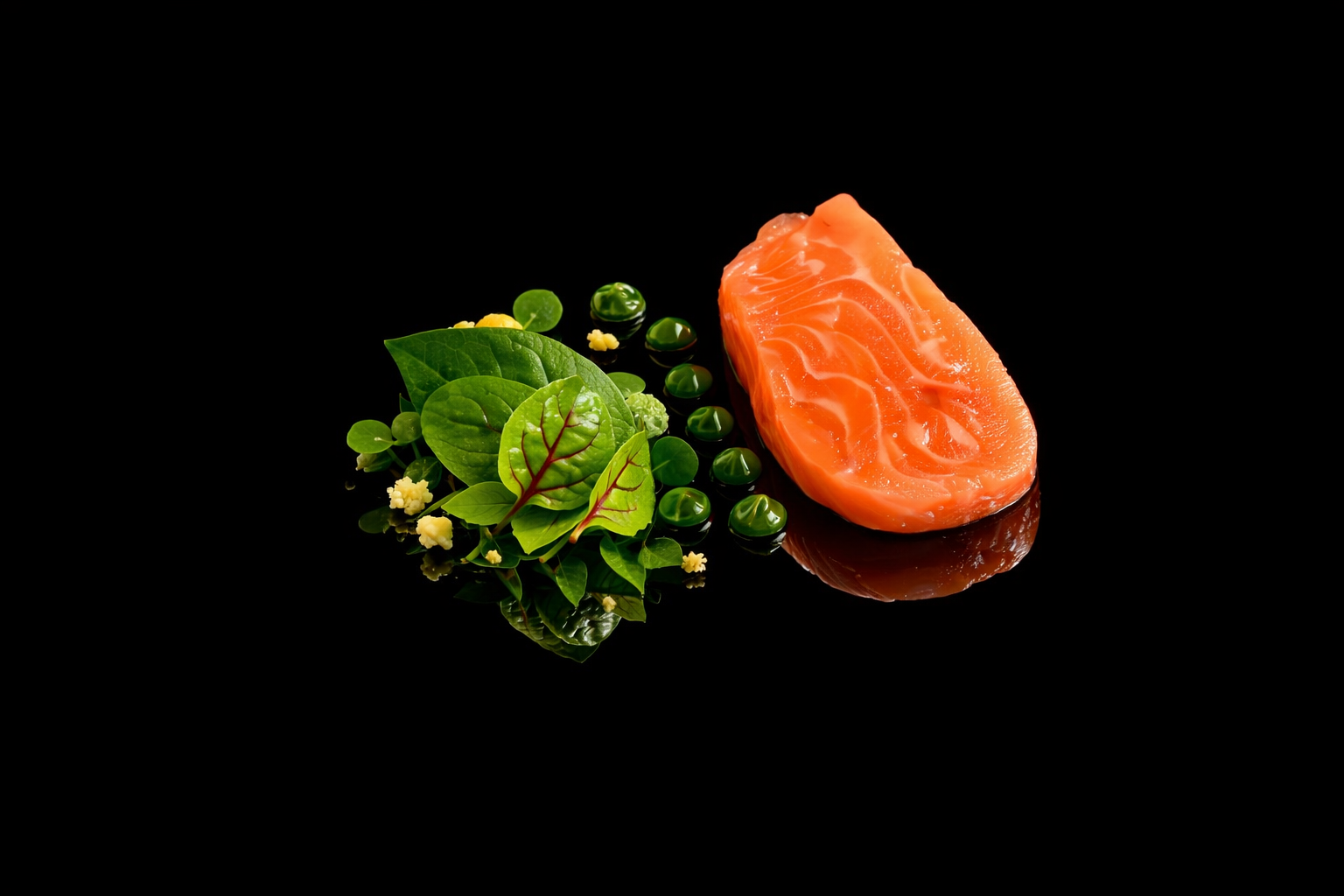 Un morceau de saumon cru accompagné de feuilles vertes, de petites billes vertes et de petites fleurs