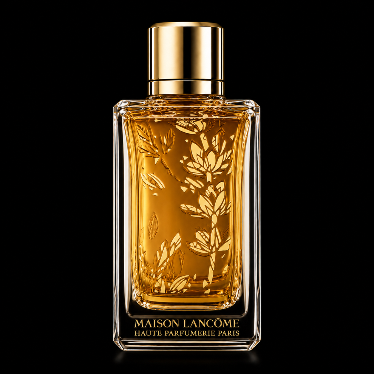 Une bouteille de parfum en verre avec un design floral doré, portant l'inscription "Maison Lancôme Haute Parfumerie Paris", sur fond noir.