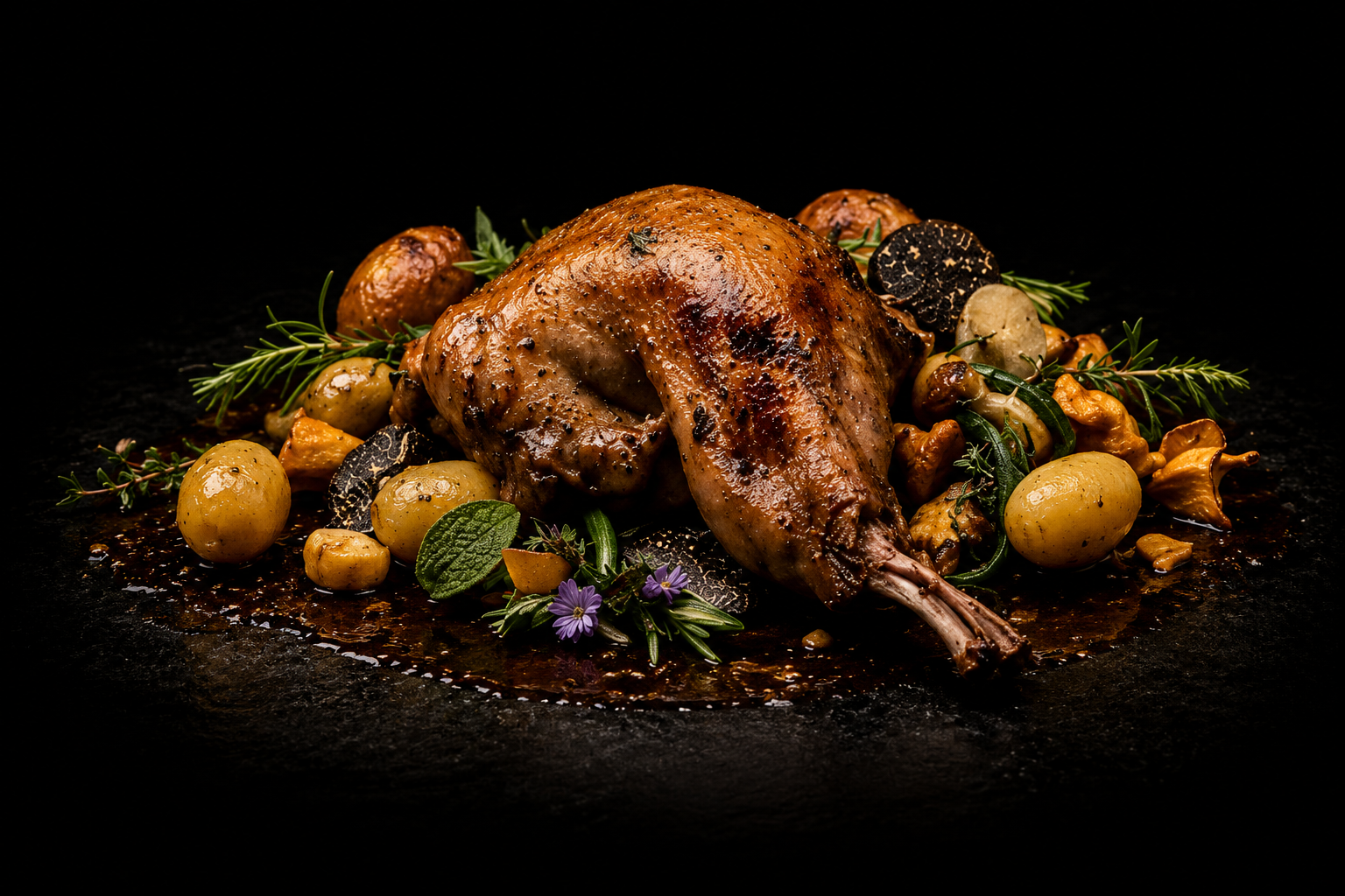 Poulet rôti entouré de légumes, champignons, herbes et fleurs sur une surface noire