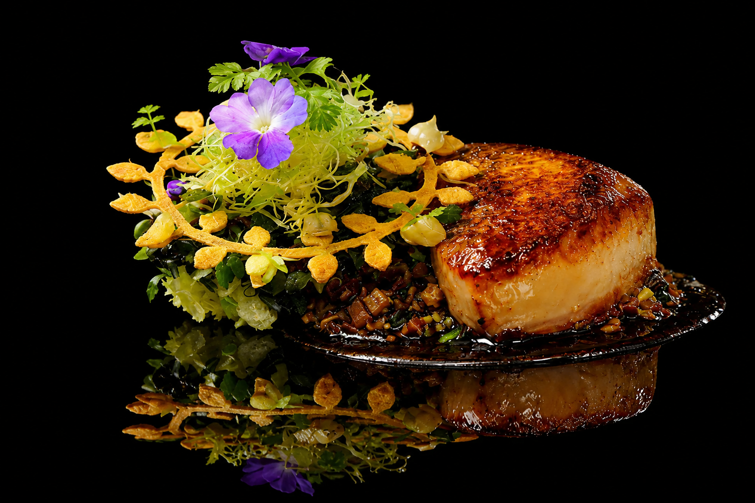 Assiette de gastronomie avec un filet de homard, accompagnée de fleurs comestibles et de légumes fins, présentée sur une assiette en verre noir avec reflet