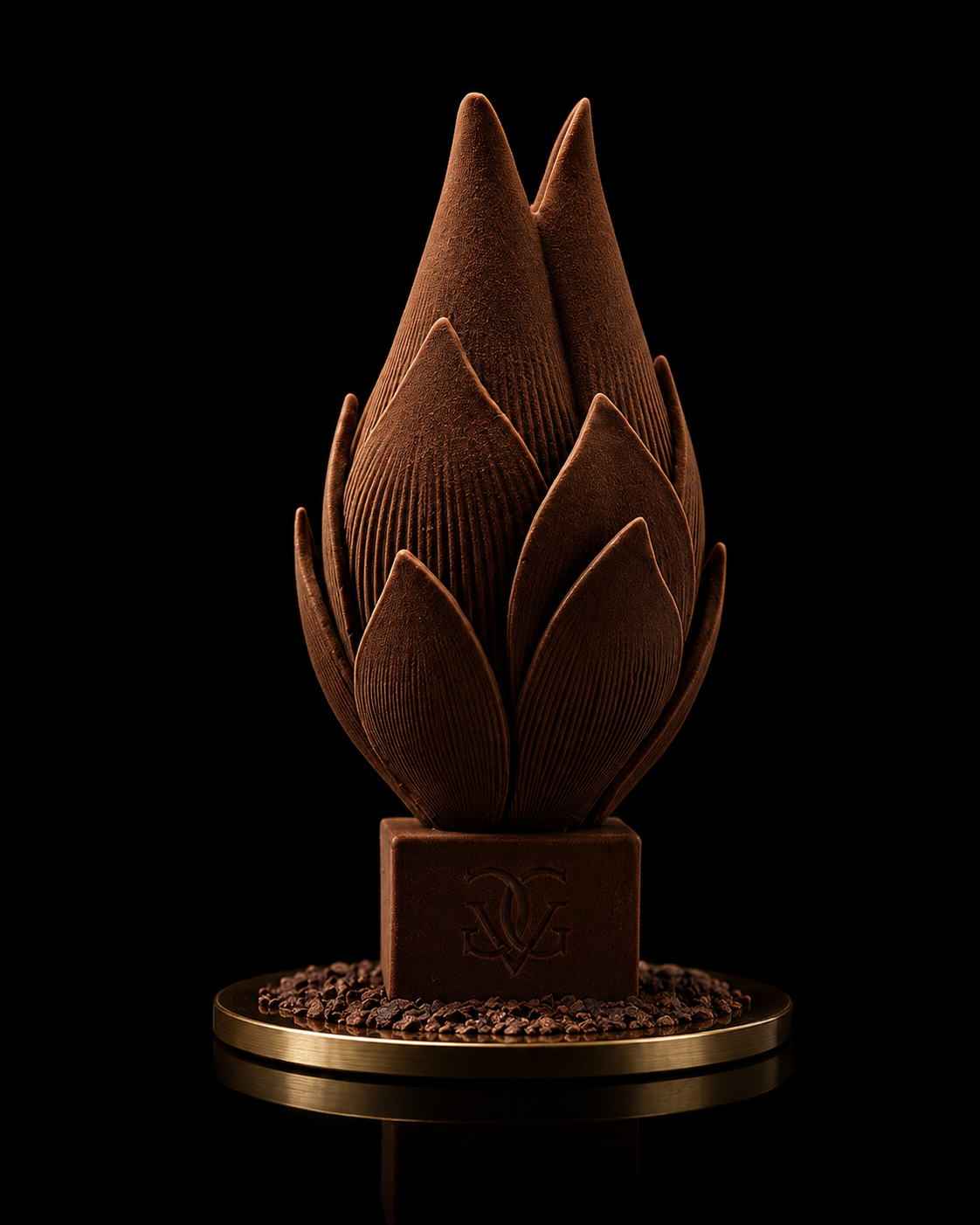 Trophée en forme de fleur de chocolat avec plusieurs pétales, placé sur une base carrée en chocolat avec un logo gravé, entouré de petites éclats de chocolat.