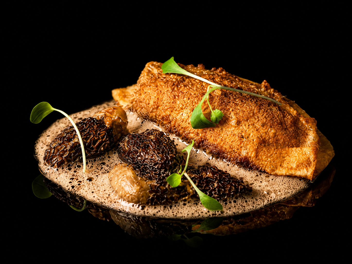 Poisson frit avec une sauce mousseuse, accompagné de pleurotes, décoré de jeunes pousses vertes, contre un fond noir