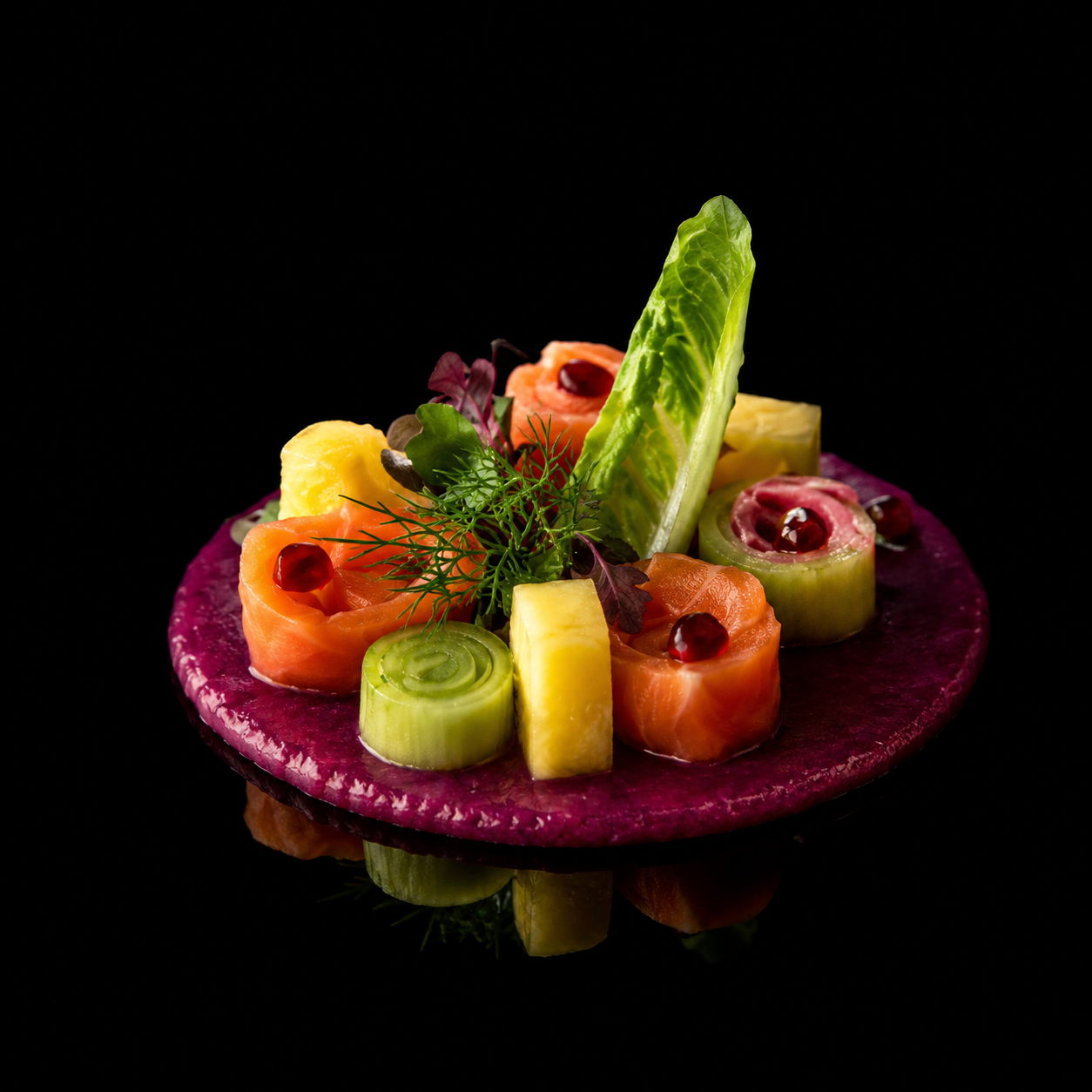 Assiette de sushi avec saumon, concombre, ananas, et herbes, sur une base violette, sur fond noir.