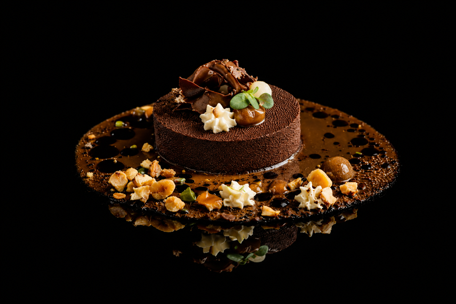 Gâteau au chocolat décoré avec des éclats de chocolat, des noix, de la crème et des micro-pousses, présenté sur une base de sauce au chocolat et éclats de noisettes, avec reflet sur surface noire.