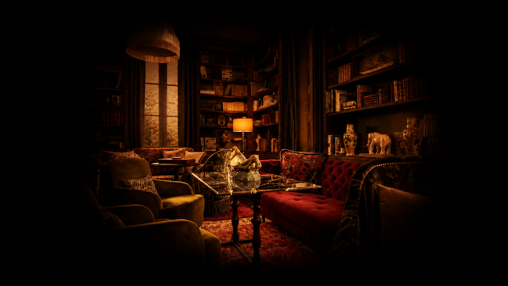 Salon cosy avec fauteuils en velours vert et rouge, étagères remplies de livres, et décoration chaleureuse, éclairé par une lampe et une lumière naturelle.