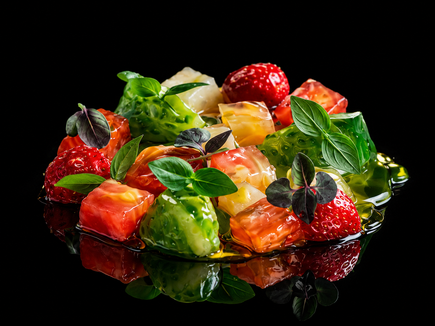 Morceaux de fruits colorés, notamment fraises, morceaux de melon, enrobés de gelée transparente avec des feuilles de basilic, sur fond noir.