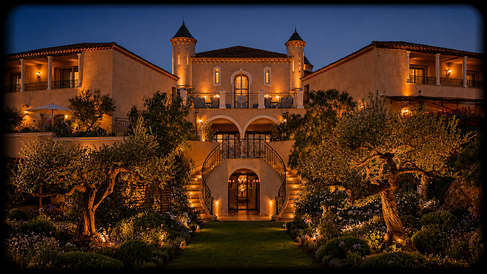 Villa élégante éclairée la nuit avec des arbres et un jardin fleuri devant, escalier courbe éclairé menant à l'entrée, tours et balcons dans un style méditerranéen, ciel nocturne en arrière-plan.