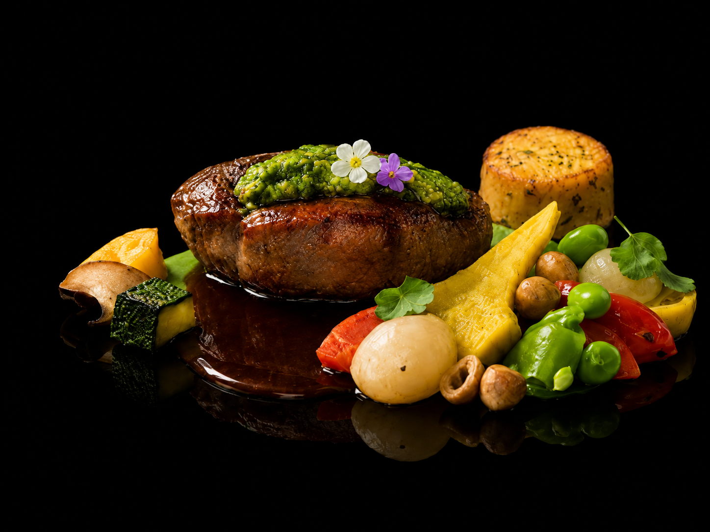 Une assiette avec un steak, légumes variés, et une petite portion de fromage, présentée sur un fond noir.