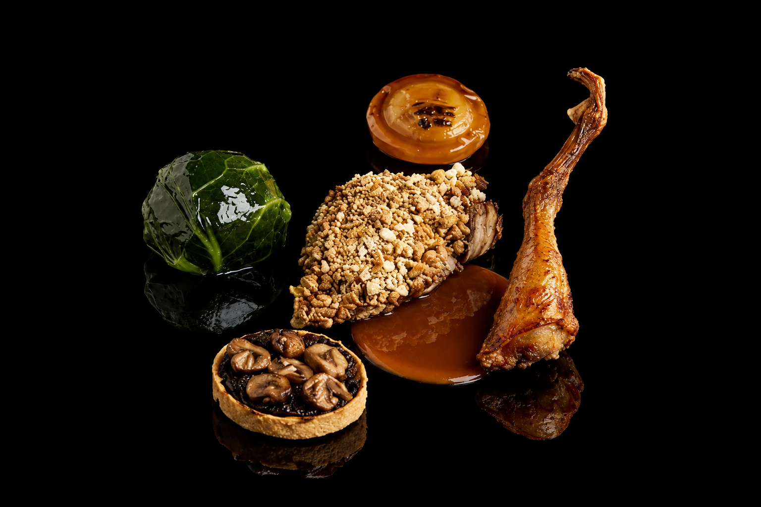 Assiette gastronomique avec une tomate confite, un lump de viande en croûte, un cannelloni vert, un morceau de poulet rôti avec sauce, et une tartelette aux champignons et olives.