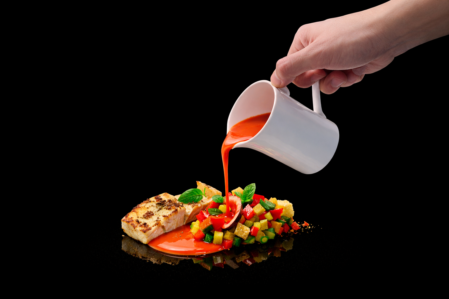 Une main verse une sauce rouge sur un plat avec du poisson grillé, une salade de légumes colorés et des feuilles de basilic, sur un fond noir.