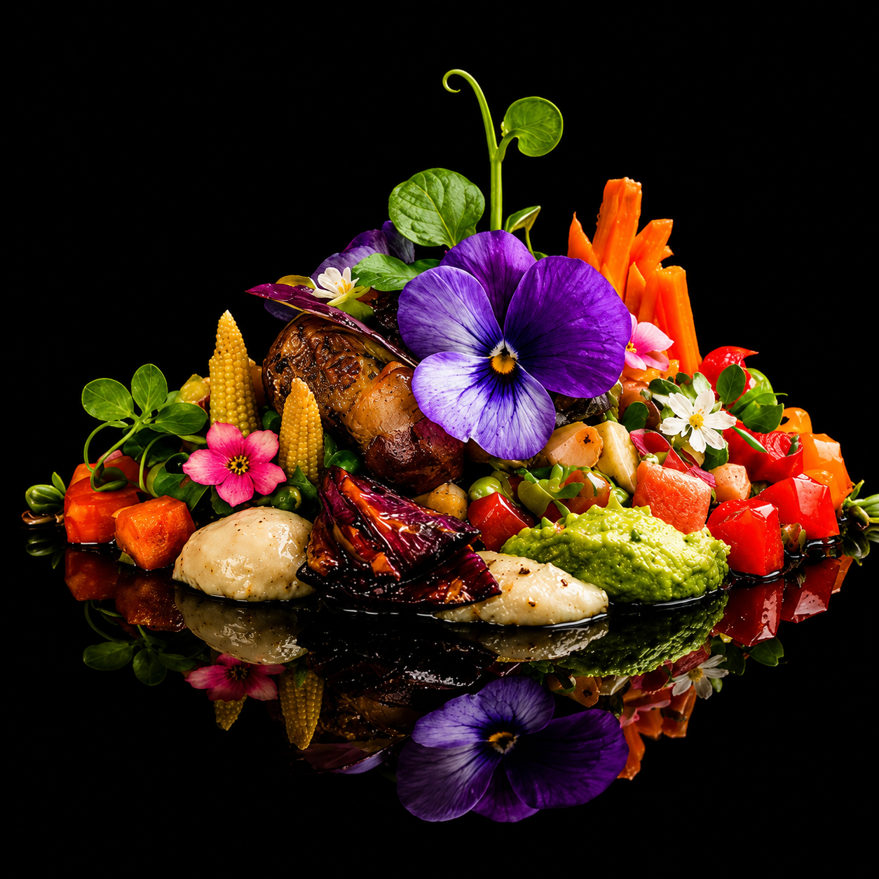 Une assiette de légumes colorés, garnie de fleurs comestibles, de feuilles vertes et d'une sauce verte, avec un fond noir.
