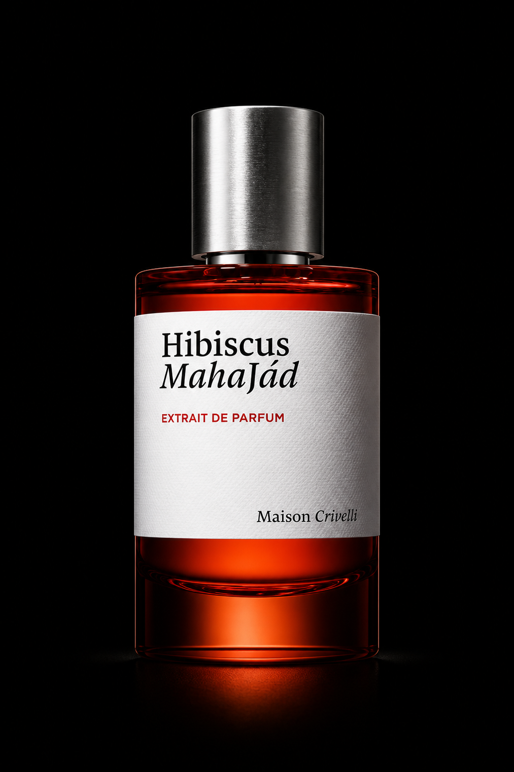 Une bouteille de parfum rouge avec un bouchon en métal gris, étiquetée Hibiscus Mahadj, extrait de parfum, de la marque Maison Crivelli, sur fond noir.