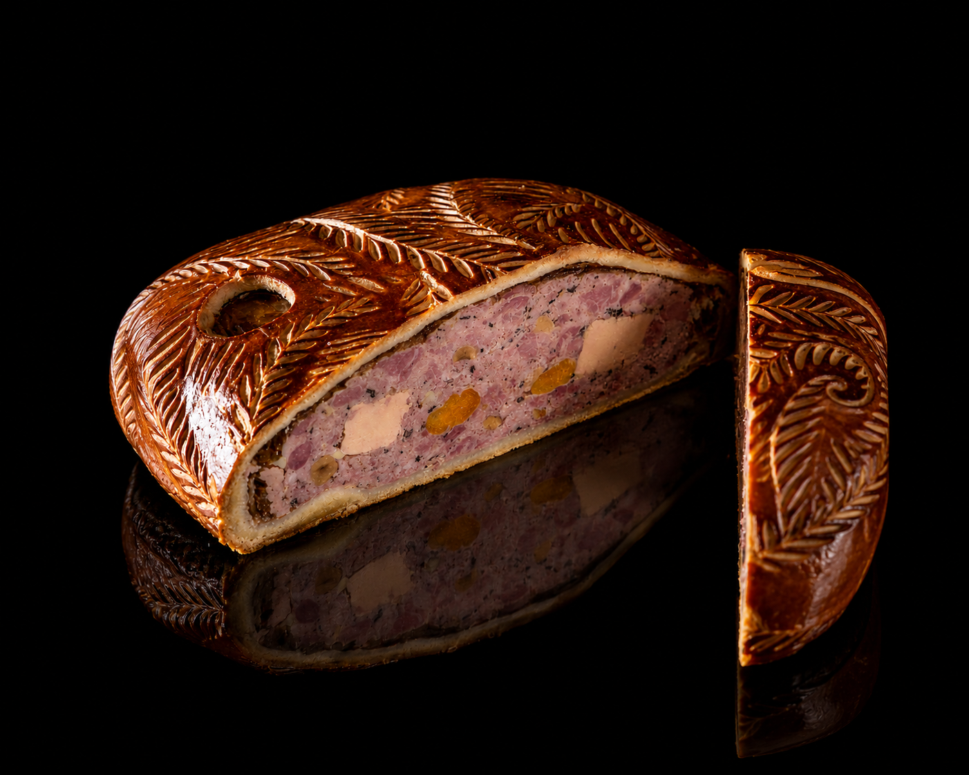 Un gâteau de viande rond, décoré de motifs en relief en couleur dorée, avec une tranche coupée révélant une farce à base de viande, de fruits secs, et d'épices, posé sur une surface noire.
