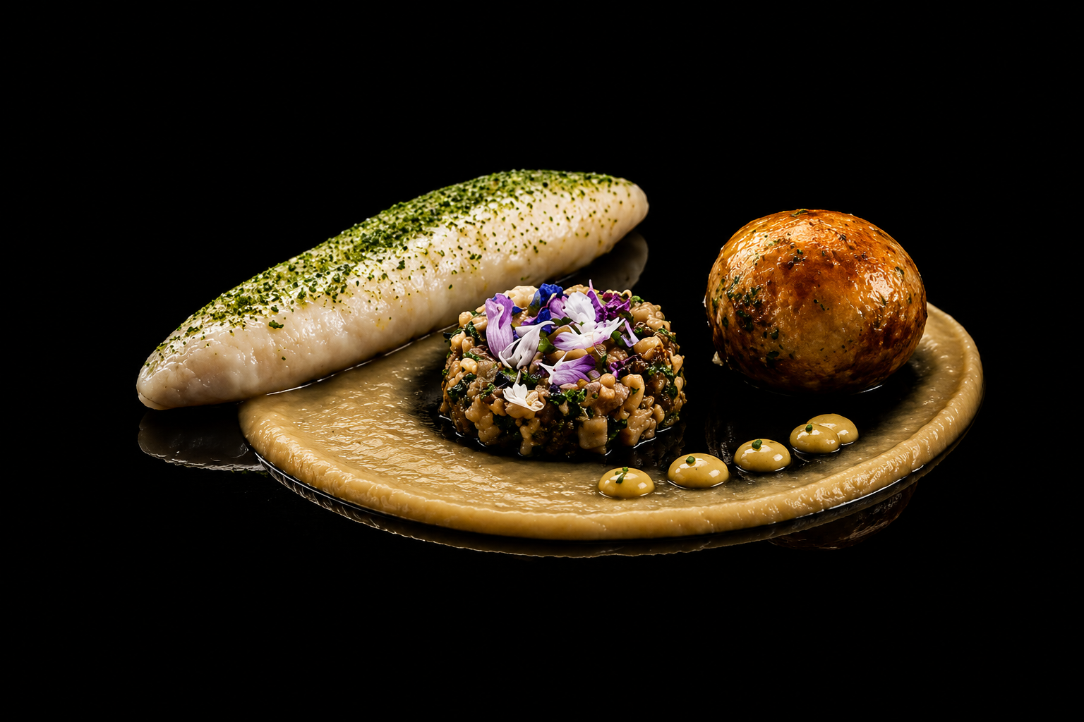 Assiette avec filet de poisson garni de poudre verte, boule de lentilles, sphère de viande, purée ou sauce beige, décor floral et gouttes de sauce.