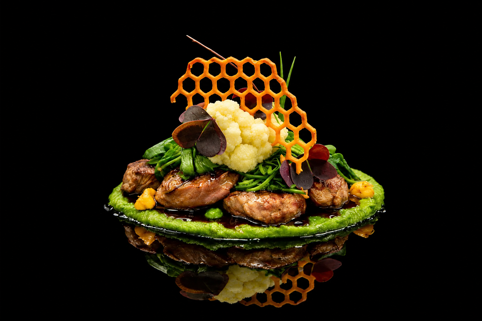 Assiette de viande avec légumes et décoration culinaire sur fond noir.