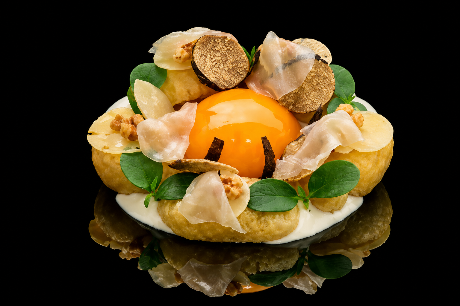 Entrée gastronomique avec jaune d'œuf coulant, tranches de truffe, chips de légumes, feuilles vertes, et sauce blanche, sur fond noir.