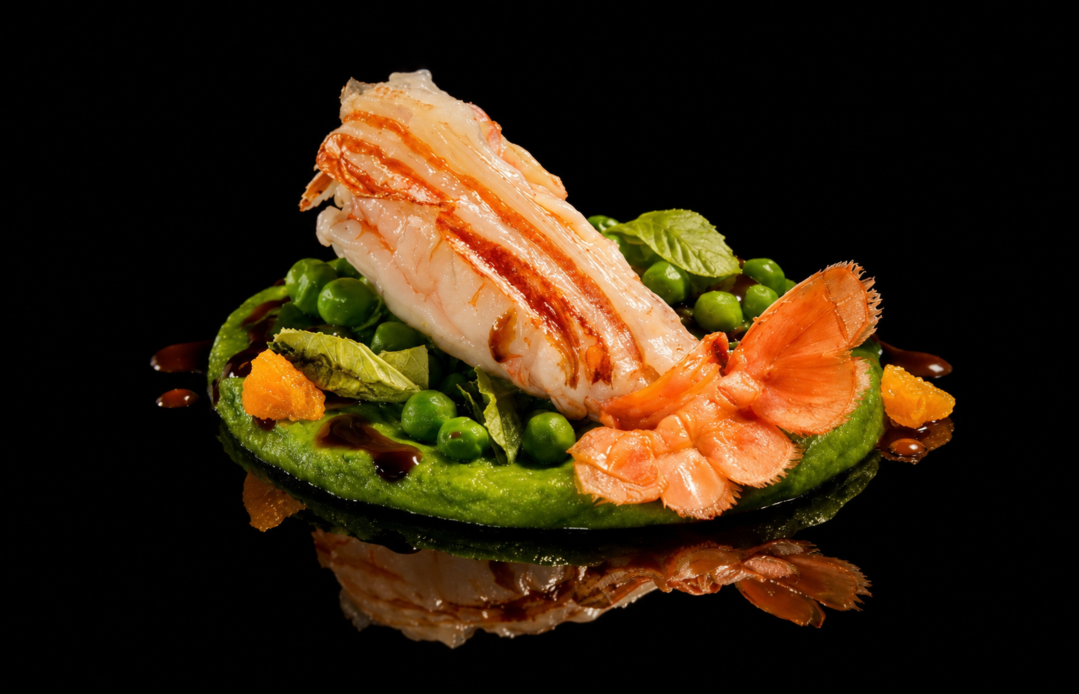 Assiette de fruits de mer avec crevettes, petits pois, feuilles de menthe, et sauce sur une base de purée verte, présentation gastronomique