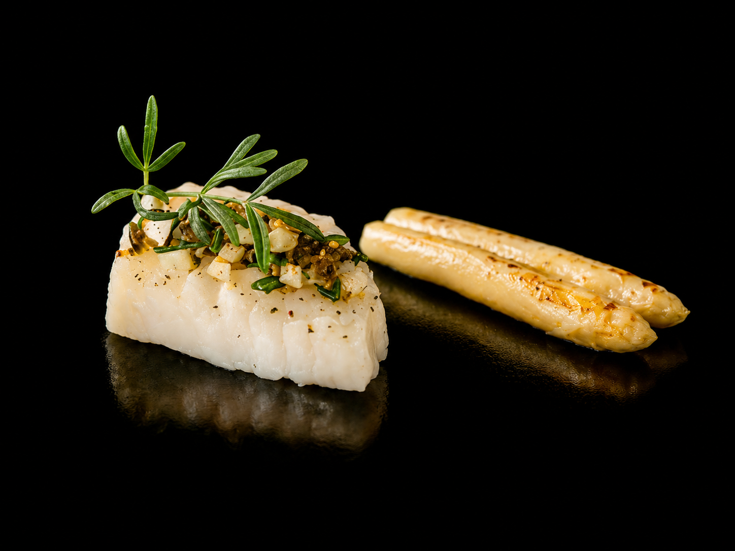 Filet de poisson blanc garni de sauce, d'herbes et de petits morceaux, avec asperges blanches grillées, sur un fond noir.