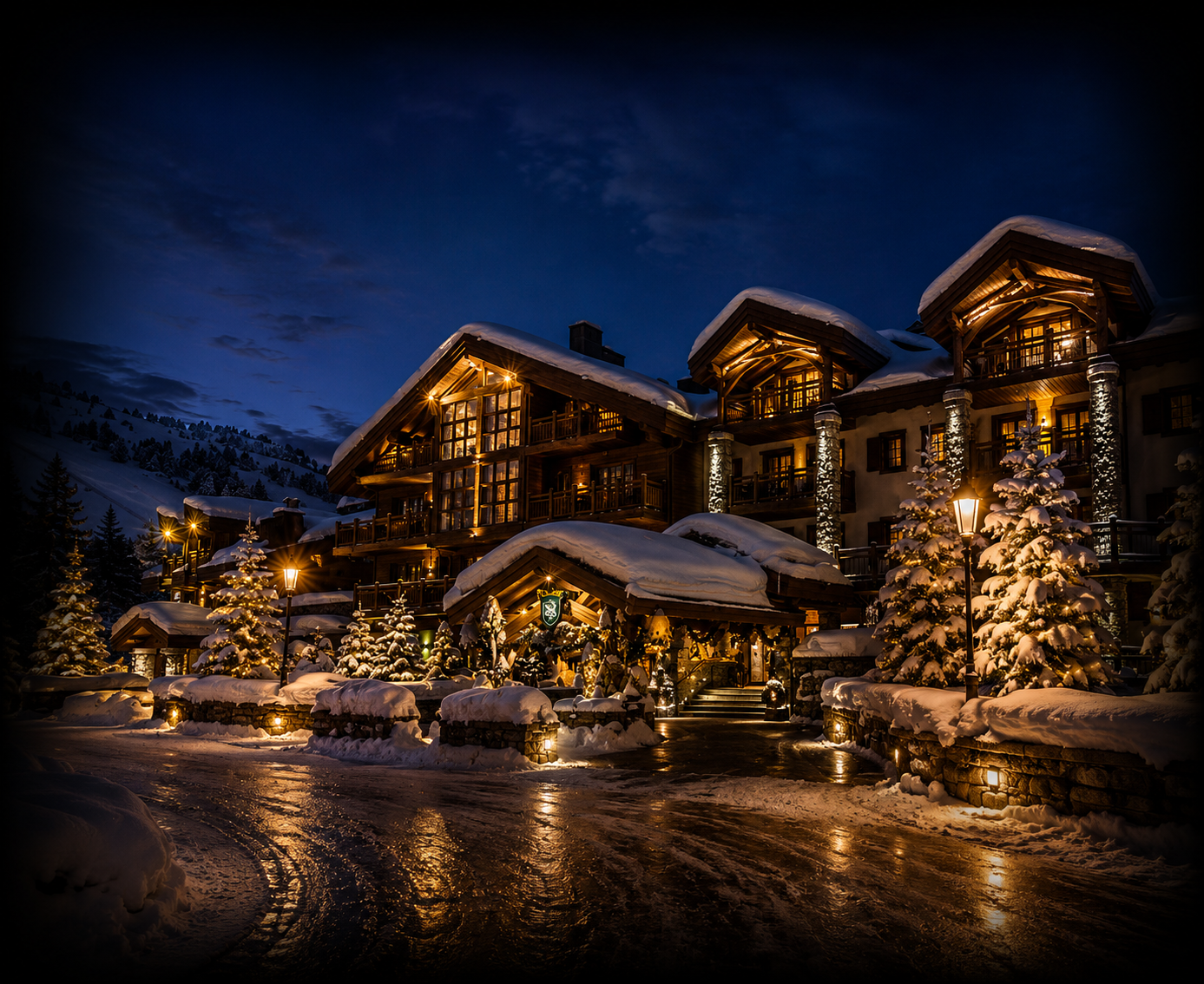 Un hôtel de montagne enneigé la nuit avec des lumières chaleureuses, entouré d'arbres sapins recouverts de neige, et un ciel étoilé