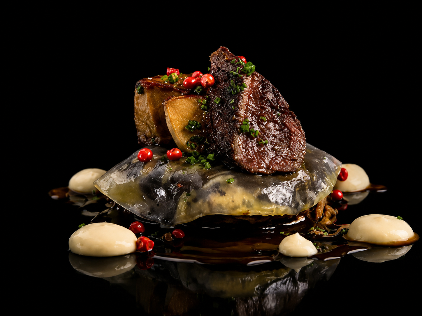 Plat élaboré avec une pièce de viande rouge, accompagnée de purée, sauce, et décoration de poivre rose, ciboulette, sur une assiette noire.