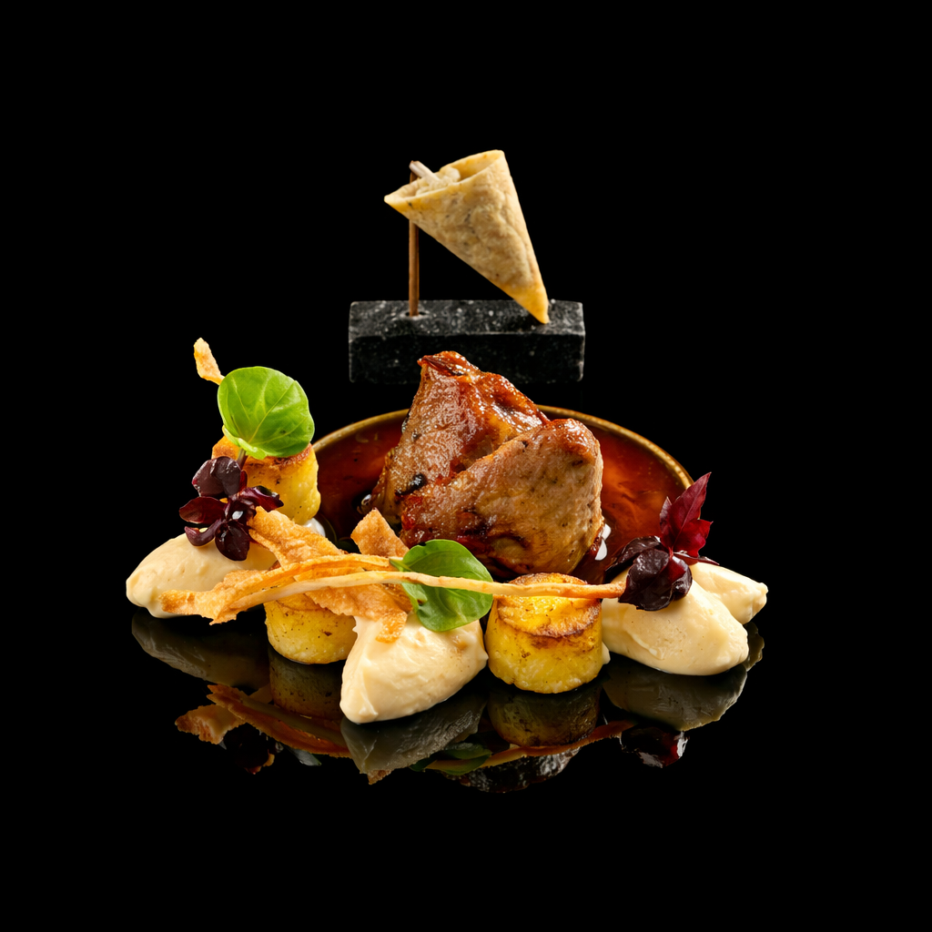 Assiette gastronomique avec morceau de poulet, purée, garnitures, fine tortilla sur un support noir.
