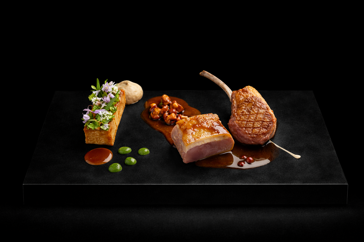Assiette de plats gastronomiques avec accompagnements, présente sur une surface noire.