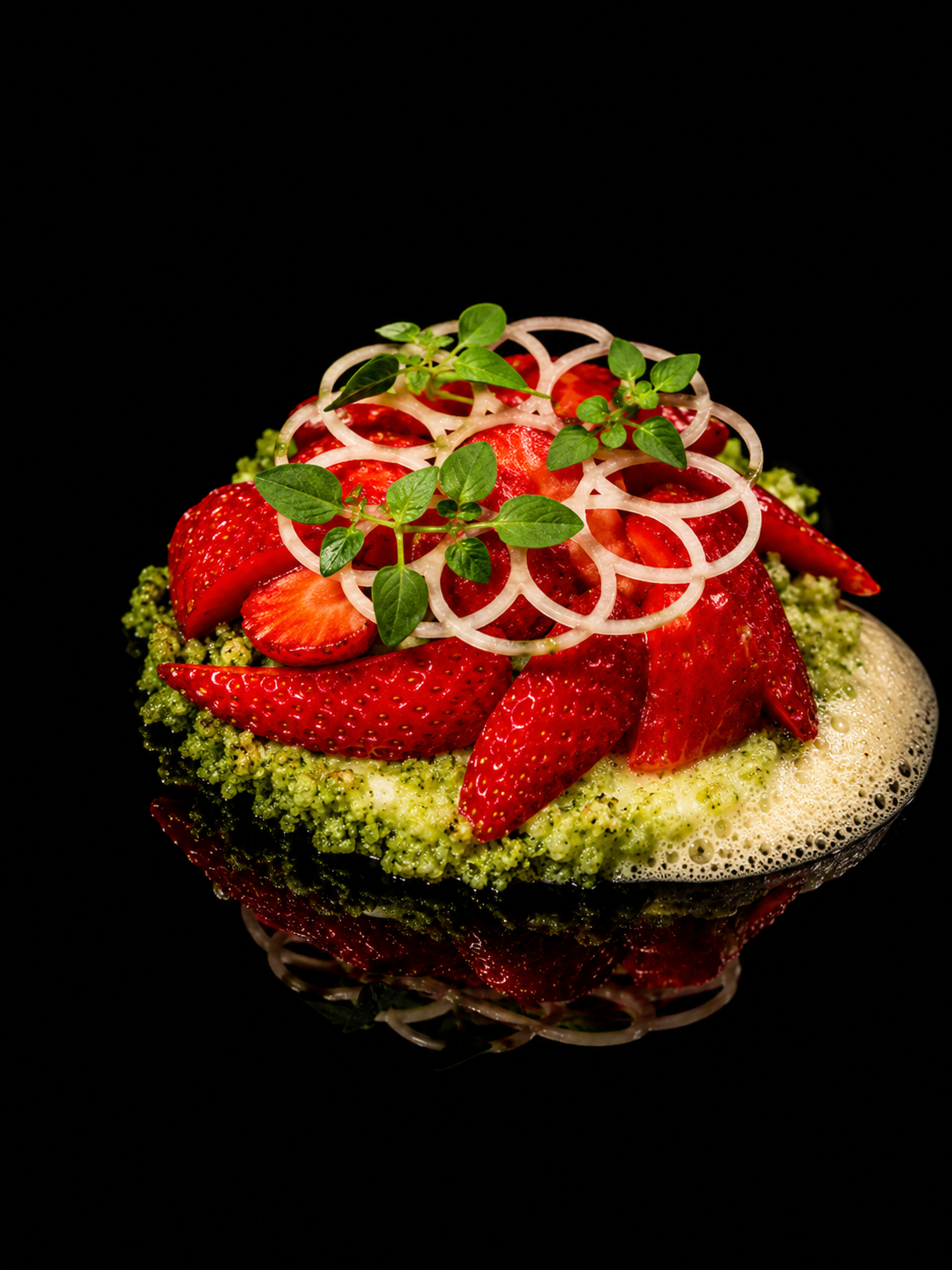 Plat de dessert avec fraises, oignons frits, herbes fraîches et glaçage vert sur fond noir.